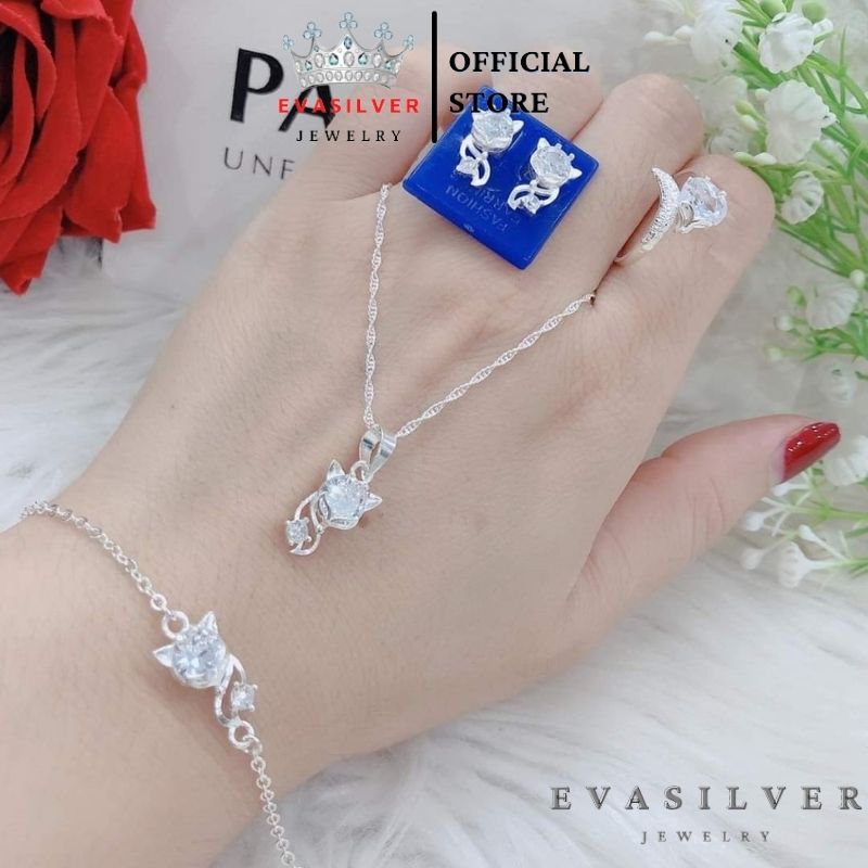 Bộ trang sức bạc mặt hồ ly Gồm dây chuyền lắc tay nhẫn và bông tai, Combo bộ phụ kiện cá tính - Trang sức bạc Evasilver