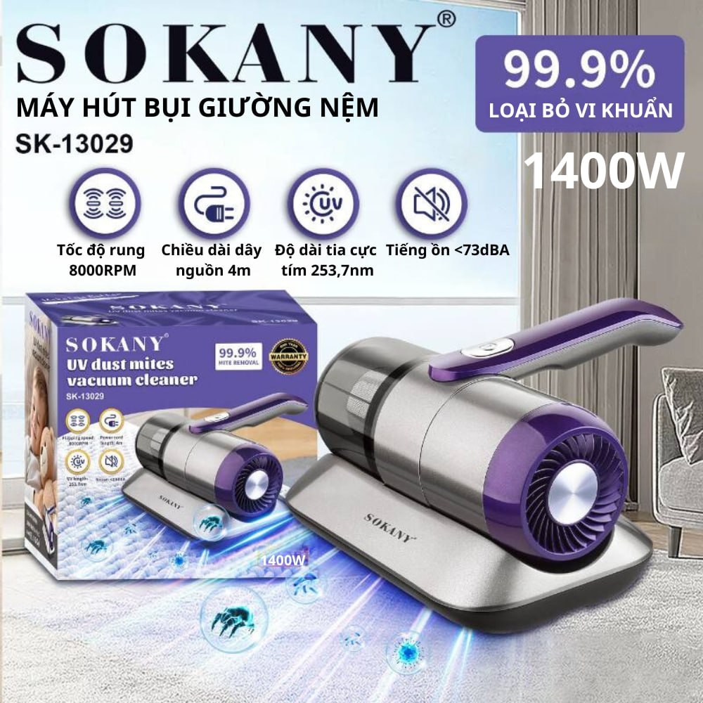  Máy hút bụi giường nệm diệt khuẩn UV công suất cao 1400W SOKANY SK-13029 loại CÓ DÂY lực hút mạnh có UV diệt khuẩn - DELIYA 