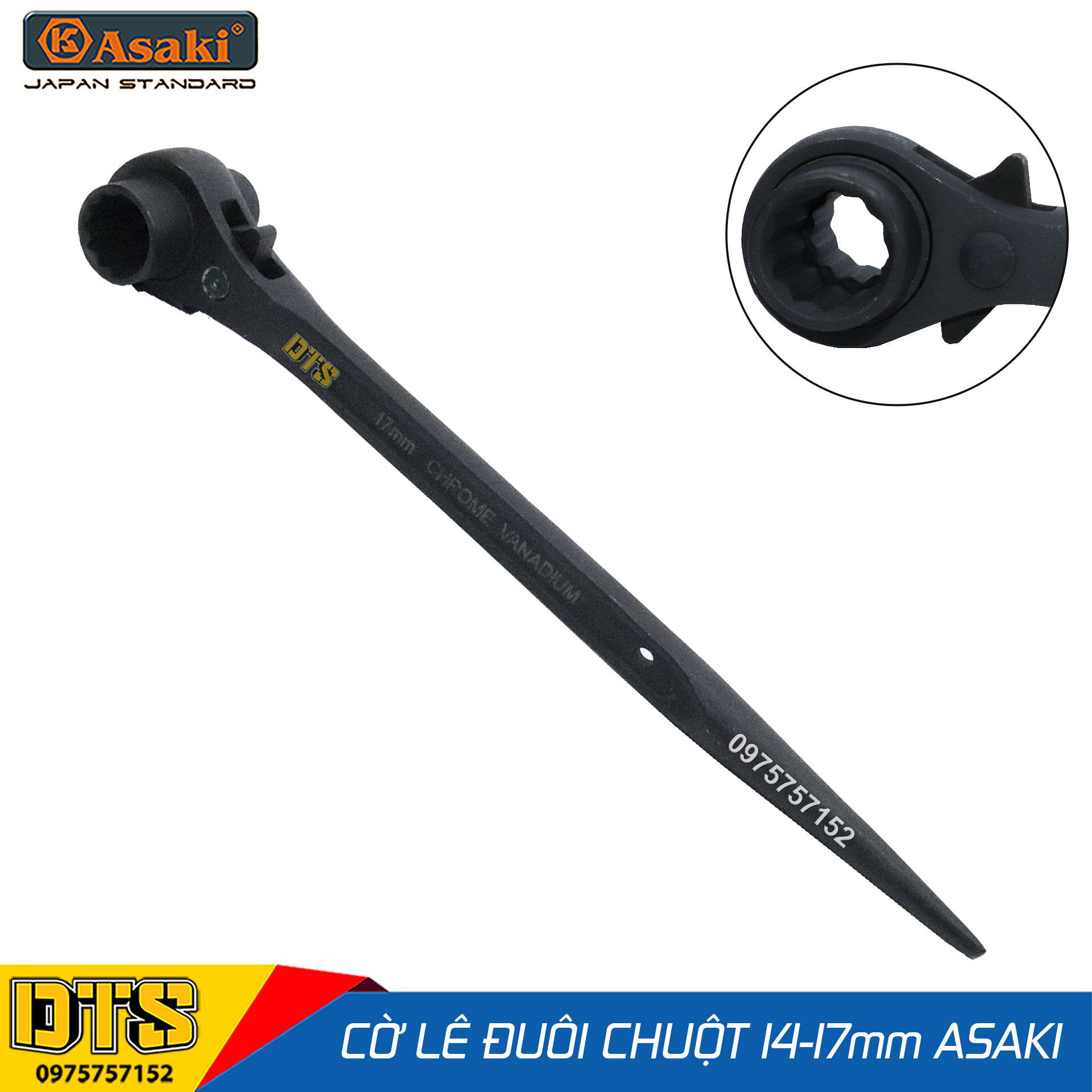 Cờ lê đuôi chuột cao cấp 14-17 mm Asaki AK-6452, cờ lê giàn giáo 2 đầu tuýp tự động thép Chrome Vanadium, công tắc đảo chiều, clê tuýp giàn giáo đa năng