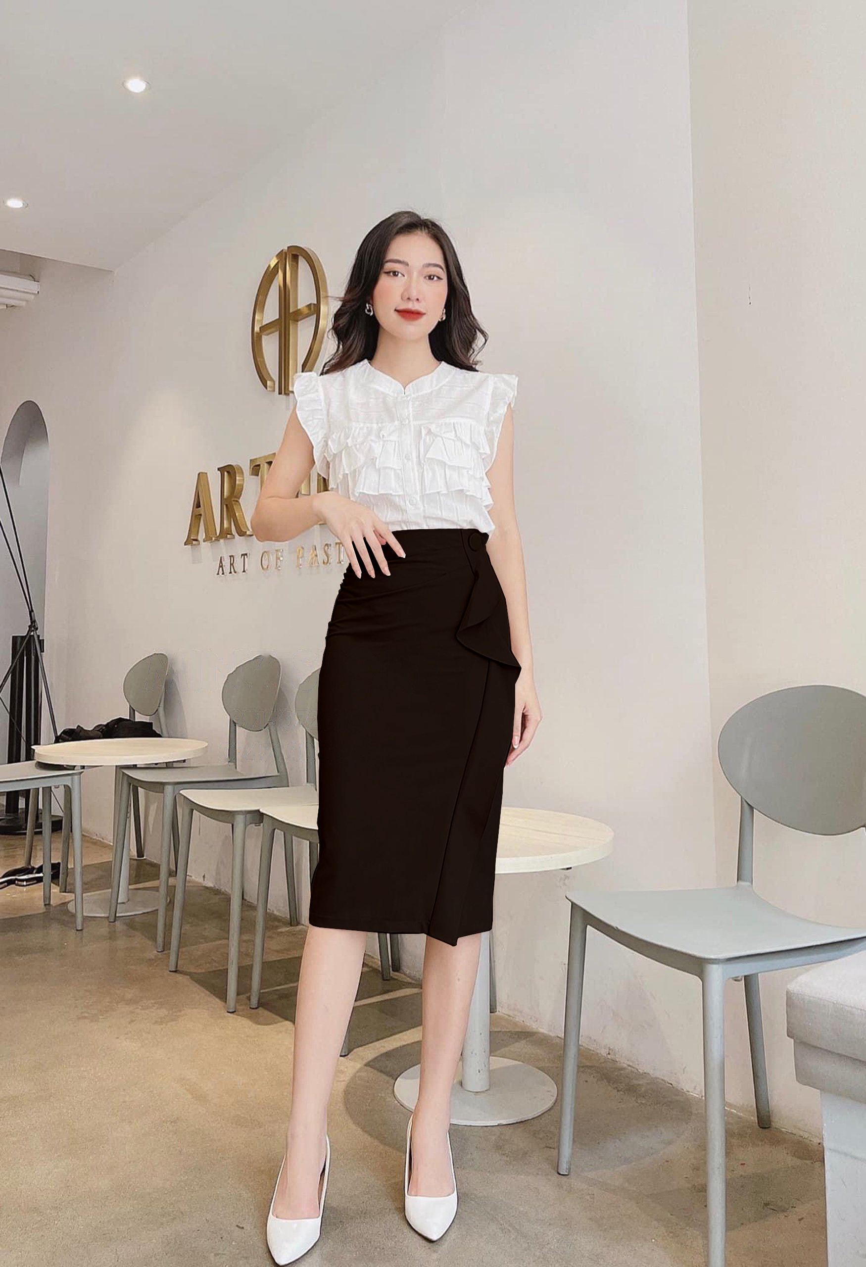 Chân váy công sở chân váy bút chì bèo dọc phối 1 cúc to dài 68 cm