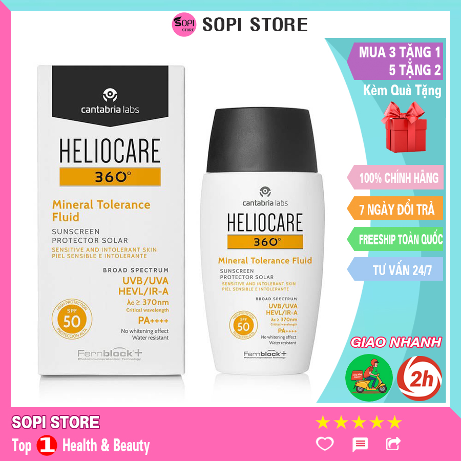 Kem chống nắng Tây Ban Nha Heliocare 360 Mineral Tolerance Fluid SPF50/PA++++ 50ml | KCN phổ rộng có