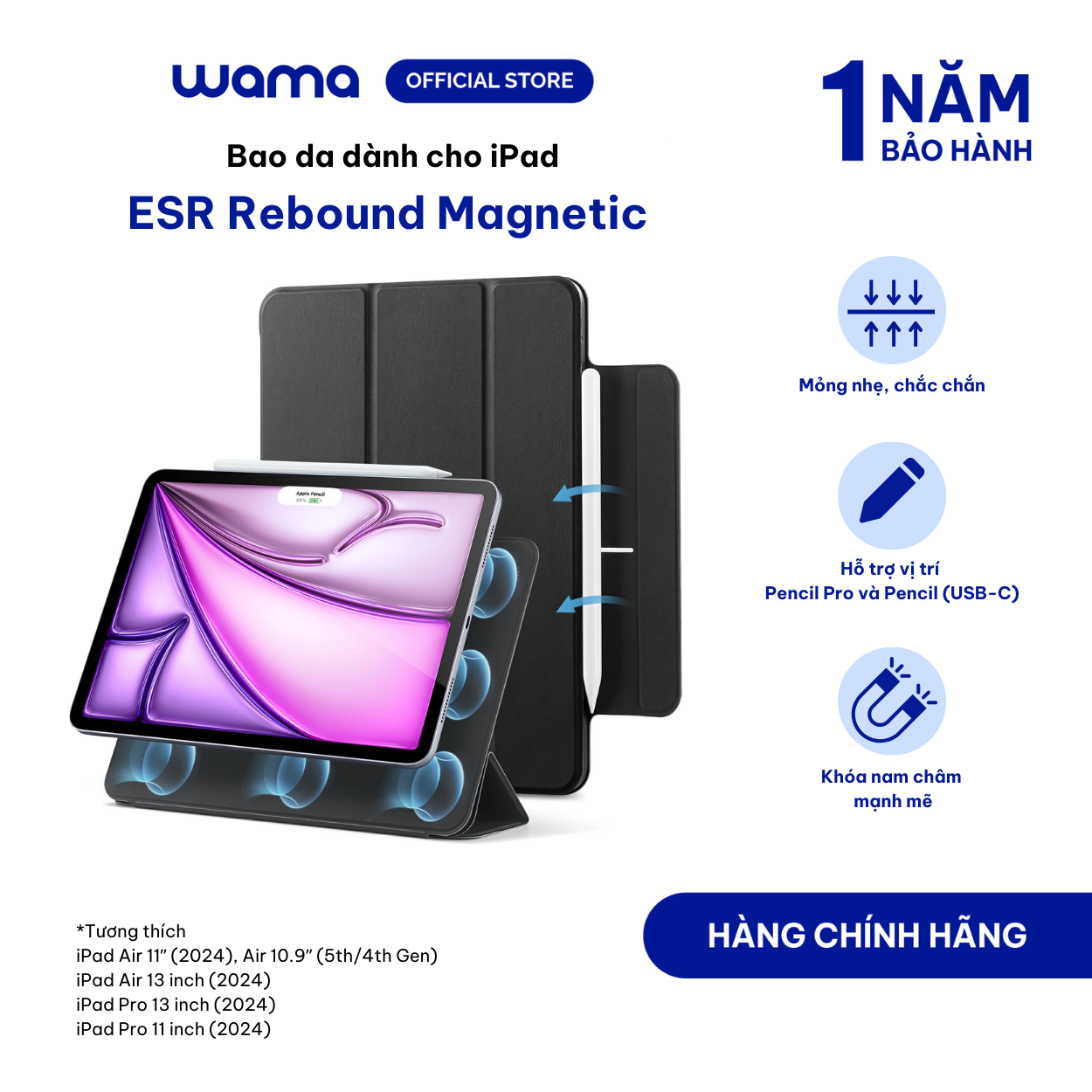 Bao da cho iPad Pro M4/ Air 6 2024 ESR Rebound Magnetic gọn nhẹ, nắp đóng nam châm, 3 chế độ xem