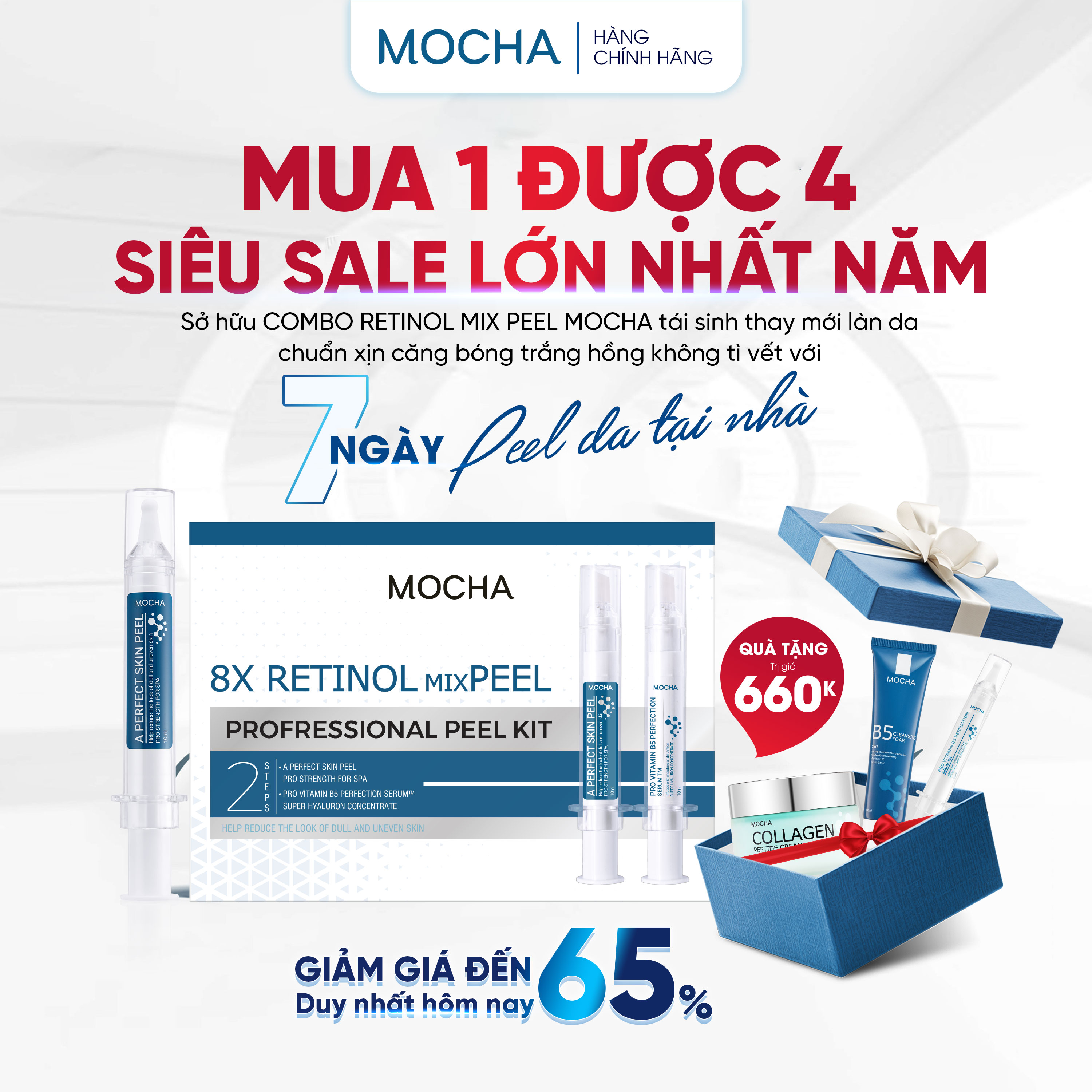 Combo 4 món: Peel da MOCHA Retinol , Serum Vitamin B5, Kem face Collagen , Sữa rửa mặt B5 [Mua 1 đượ