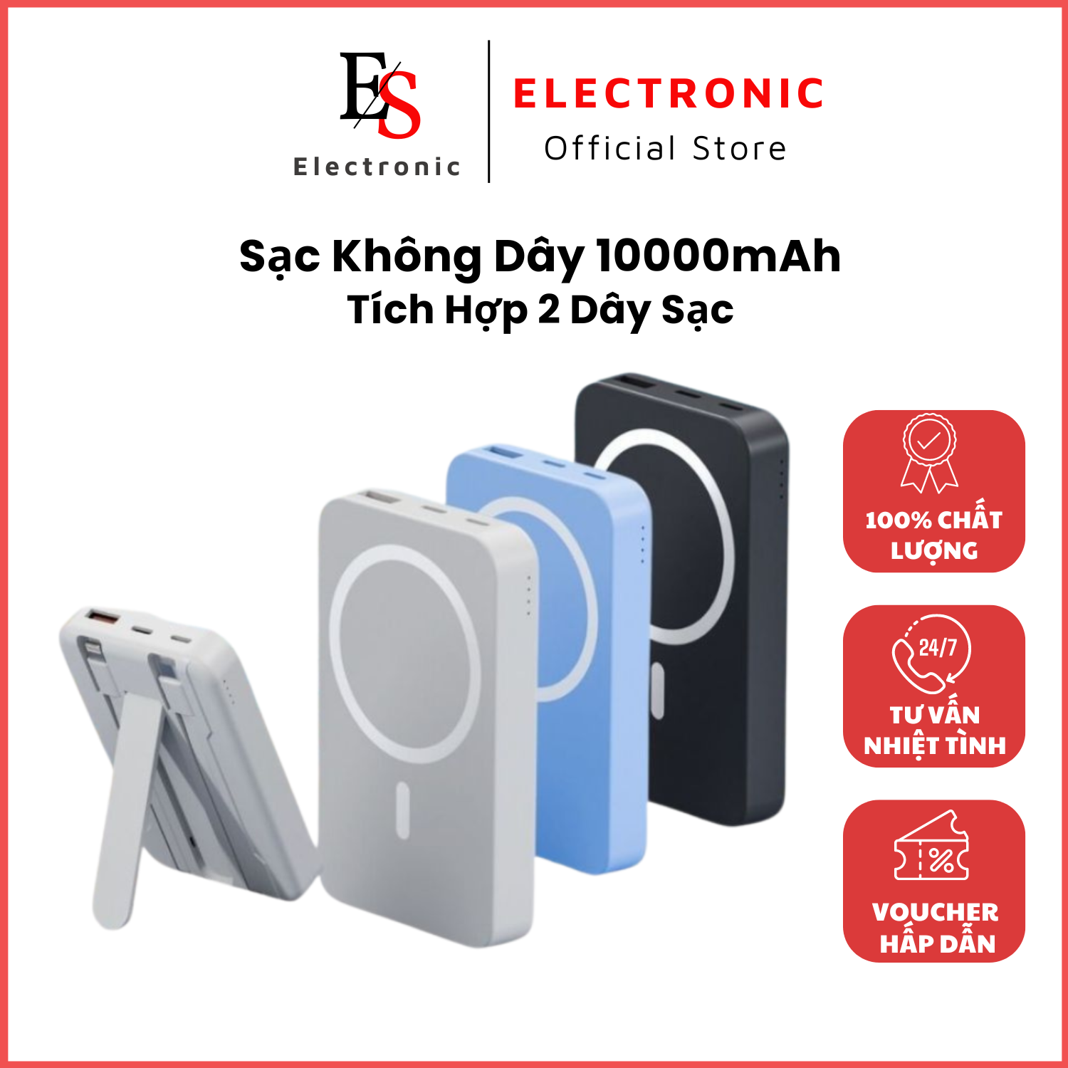 Sạc Dự Phòng Không Dây 10000mAh, Pin Dự Phòng Tích Hợp 2 Dây Sạc, Sạc Nhanh An Toàn Không Nóng Máy, Pin Lithium Dùng Cho IP Và Androi, Đèn LED Thông Báo Tình Trạng Pin, Màu Sắc Đa Dạng. Bảo Hành 12 Tháng, Lỗi Đổi Mới.