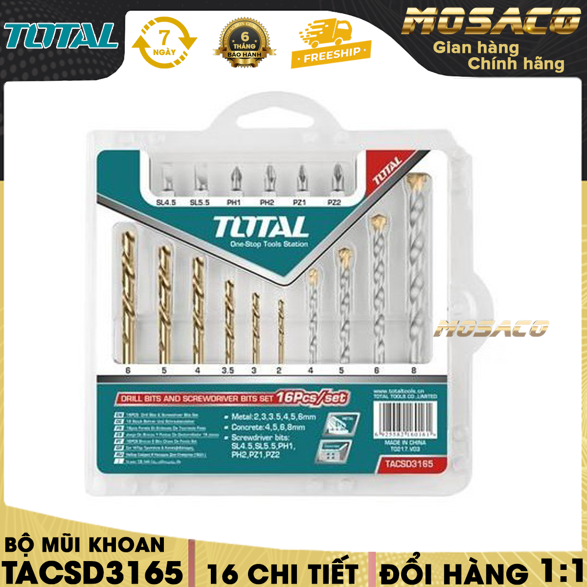 Bộ 16 mũi khoan Total TACSD3165 khoan sắt thép,bê tông & mũi bắt vít. Mũi khoan chất liệu hợp kim cao cấp, gồm 6 mũi khoan xoắn, 4 mũi khoan bê tông, 6 mũi siết vít - MOSACO