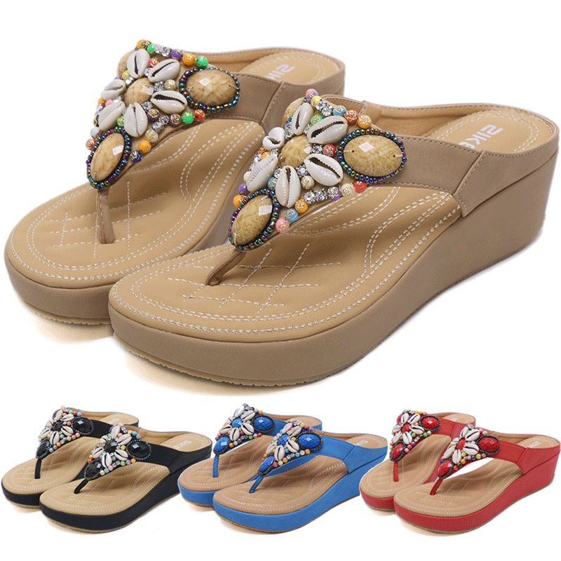 35-42 Mùa hè nền tảng trượt cho phụ nữ Sandals dày gót giày Wedge dân tộc Sandals dép hàng ngày đi giày đính cườm sandal bãi biển quần áo văn phòng