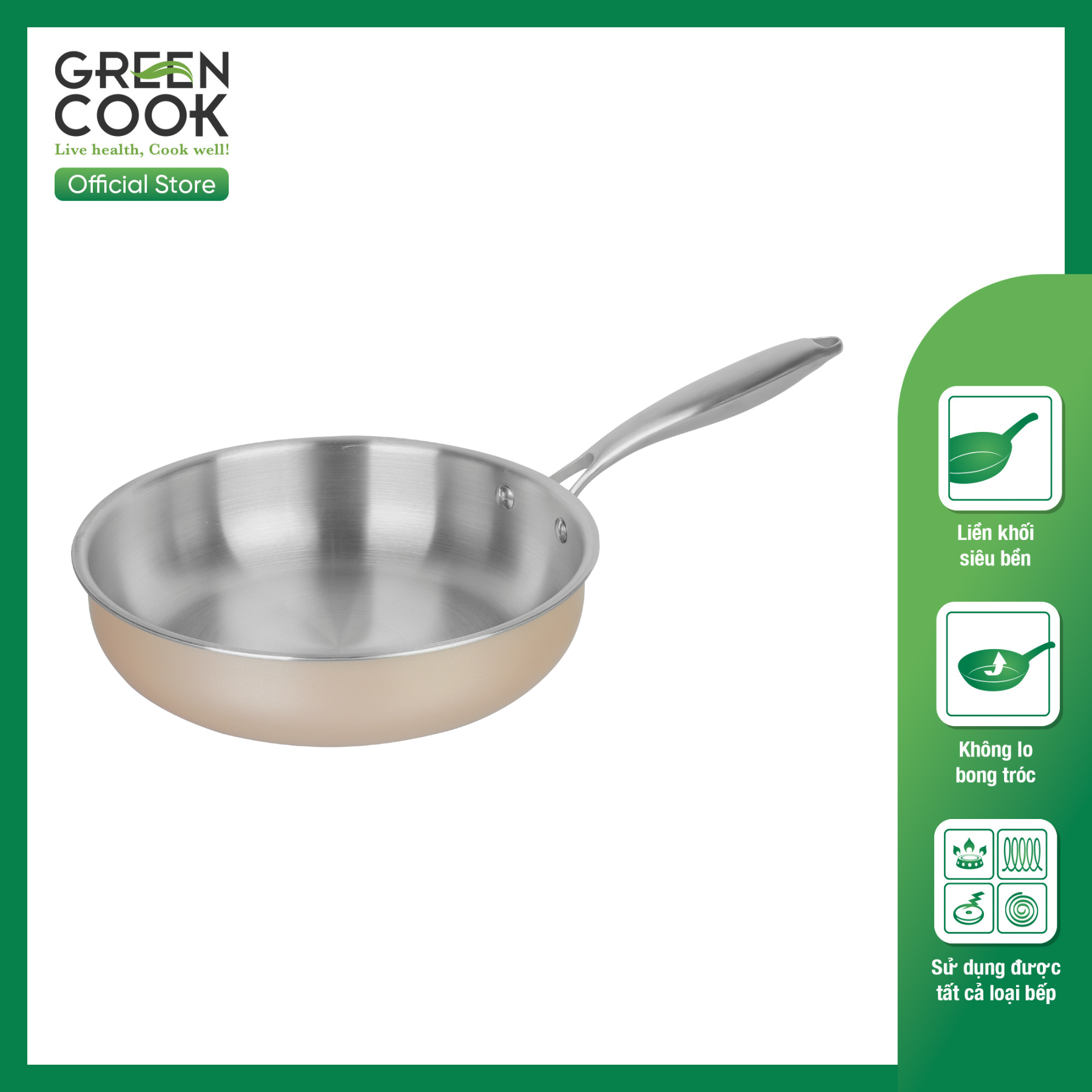  Chảo Inox  Nguyên Khối  Đáy Từ Green Cook GCP245 – Truyền Nhiệt Nhanh Sử Dụng Được Trên Mọi Loại Bếp 