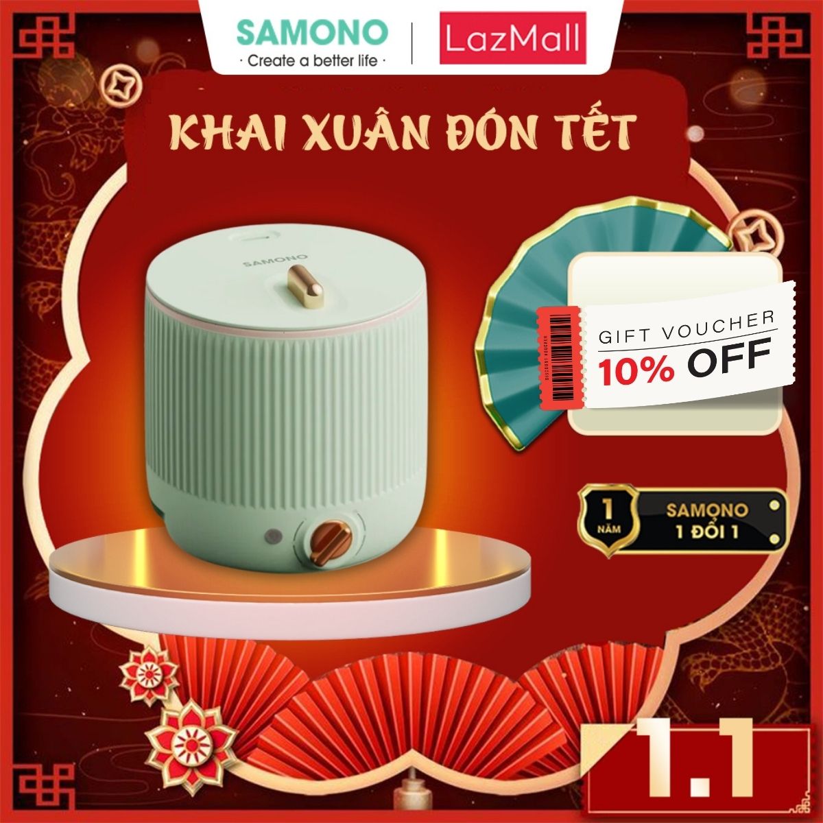 (BH 1 Năm)Samono Nồi lẩu điện đa năng 2L 600W cho 2-3 người, lẩu/cơm/xào/chiên/luộc/hầm, 2 lớp bảo vệ thông minh SW-DG05