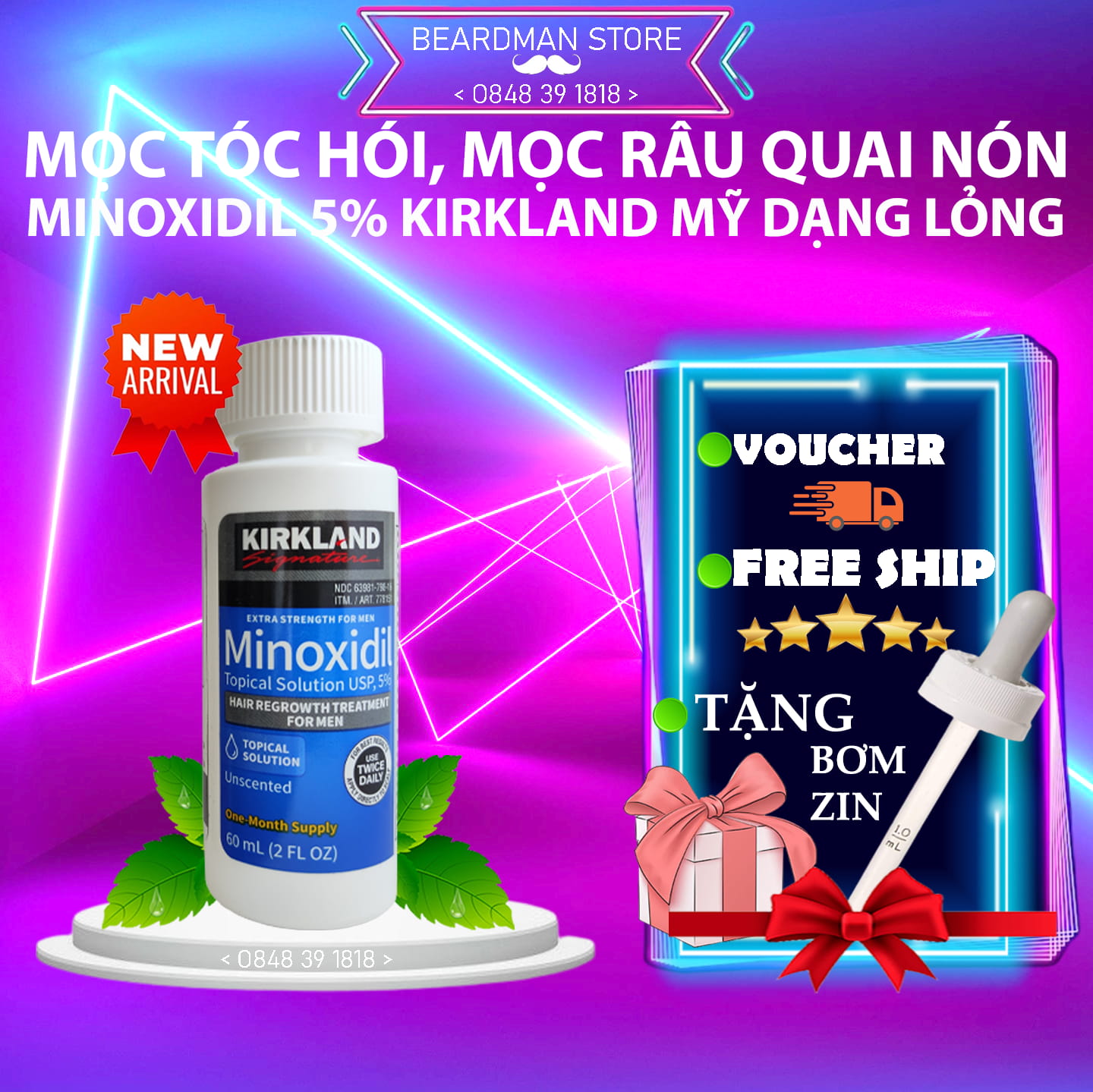 Dung dịch minoxidil 5% mọc râu quai nón, mọc tóc dạng lỏng chính hãng kirkland mỹ