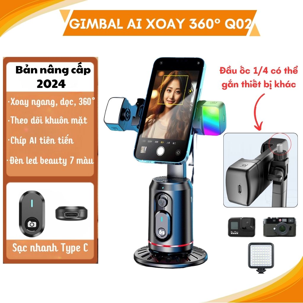 Gimbal Q02 - Gimbal AI xoay 360 độ, Chân quay điện thoại thông minh tích hợp đèn trợ sáng, Điều khiển từ xa bằng bluetooth