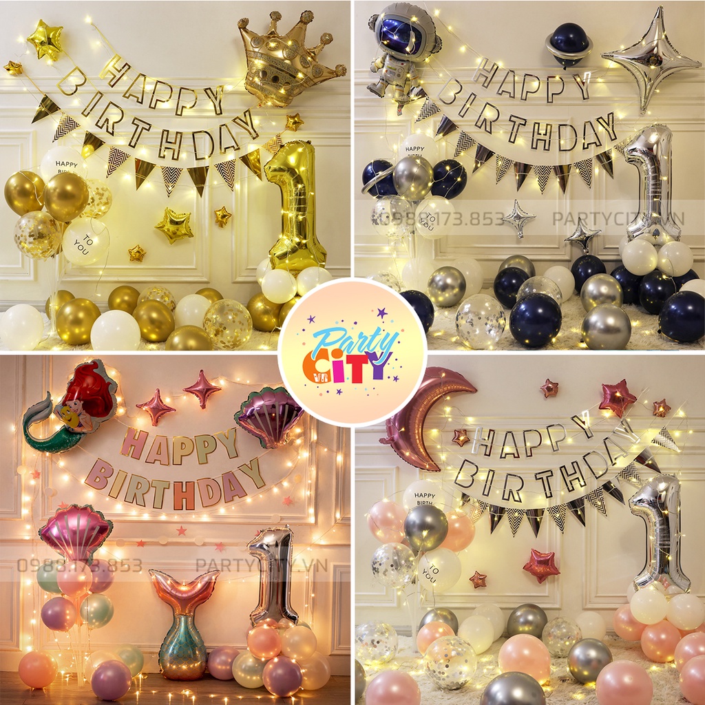 Combo set bóng bay trang trí sinh nhật, trang trí thôi nôi bé trai bé gái kèm đèn led và phụ kiện trang trí tại nhà