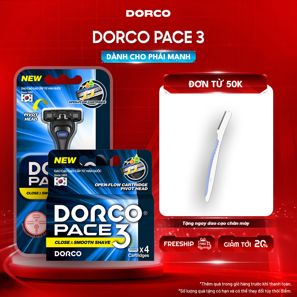 DORCO PACE 3 - Combo Dao Cạo Râu Hàn Quốc 3 Lưỡi - Bộ Gồm Hộp 1 Cán 1 Đầu Cạo và Hộp 4 Đầu Cạo