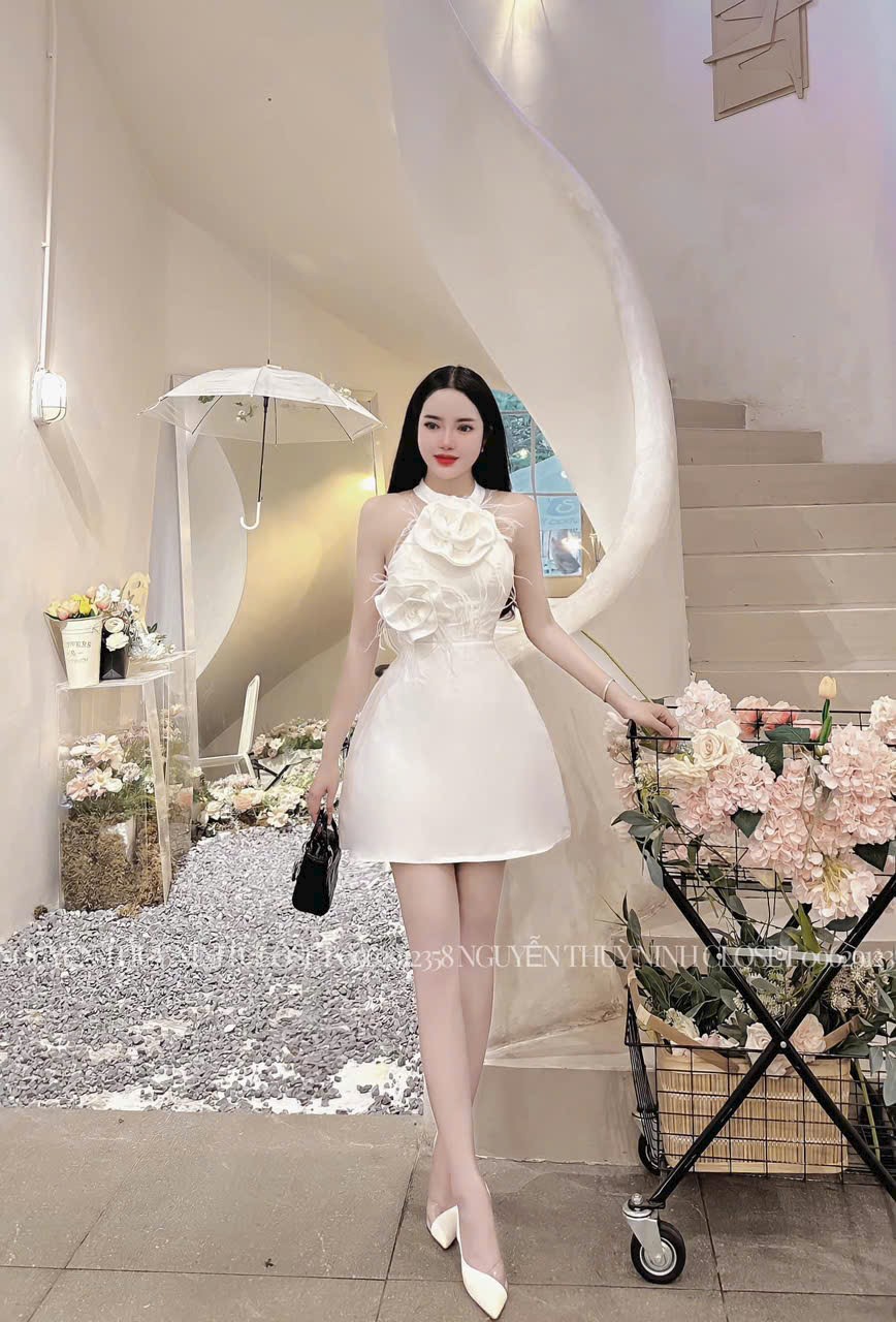 Đầm váy nữ dự tiệc dáng xòe cổ yếm phối nơ hoa ngực cực xinh