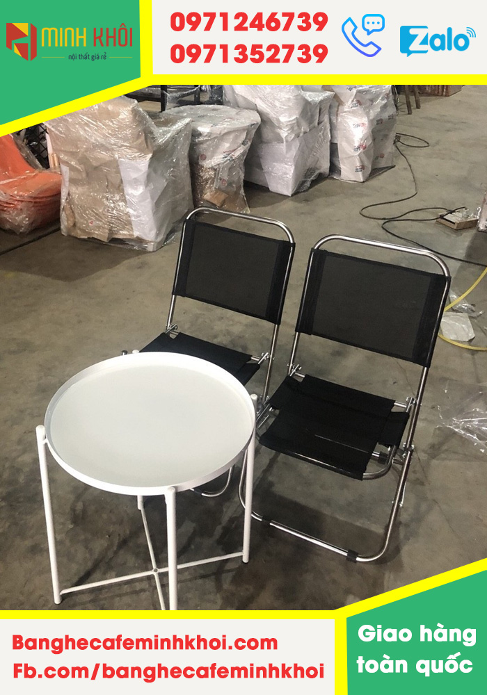 Bộ bàn ghế xếp cafe, trà chanh giá rẻ (2 ghế inox lùn vải lưới + 1 bàn)