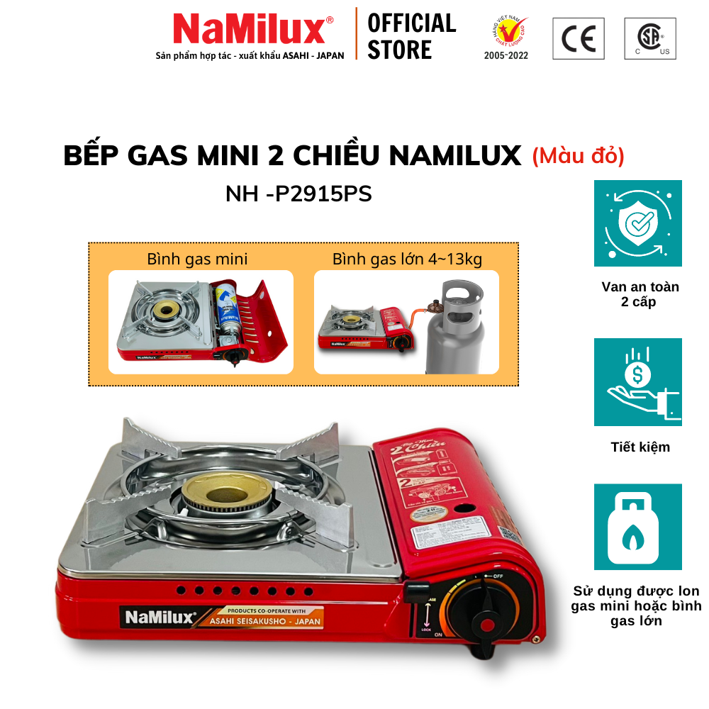 Bếp gas 2 chiều namilux nh-p2915ps│sử dụng được bình gas mini và bình gas lớn│van ngắt gas an toàn 2 cấp│hàng chính hãng