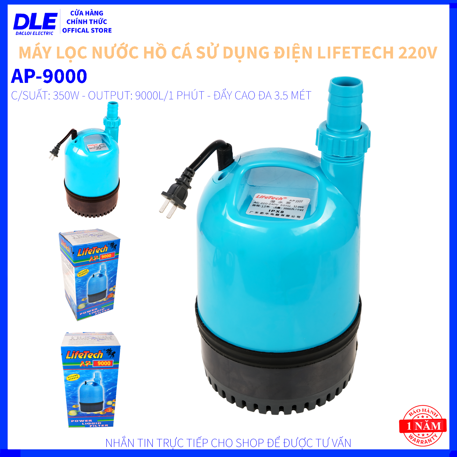 Máy bơm lọc nước hồ cá cao cấp lifetech ap 9000 - công suất 350w - lưu lượng nước 9000 lít/1h - đẩy cao 3.5 mét