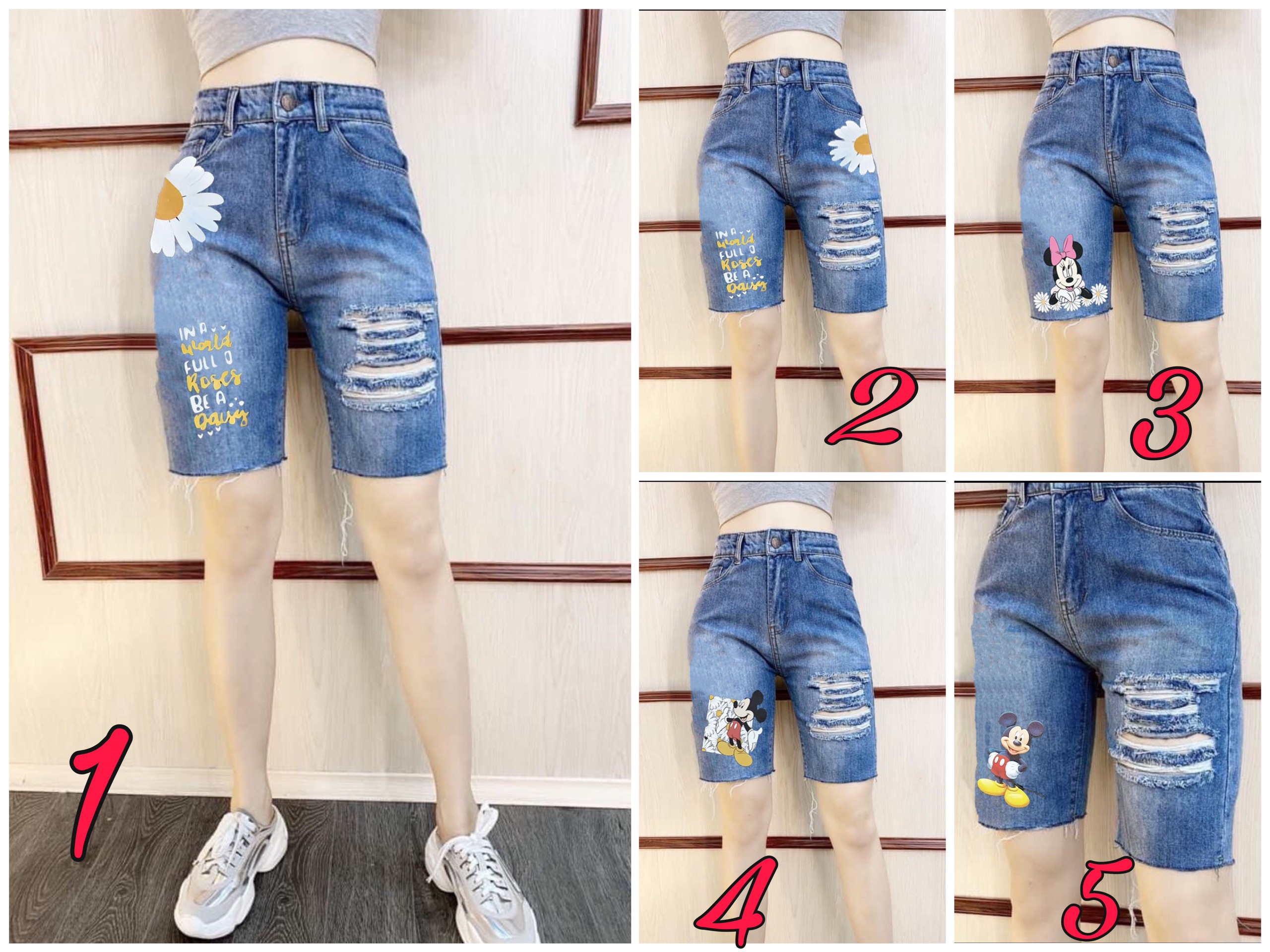 [HCM][60kg~90kg] Quần jean ngố / lửng BIGSIZE lưng cao co dãn mạnh rách bụi 3311 in hình mèo chuột mickey hoa cúc