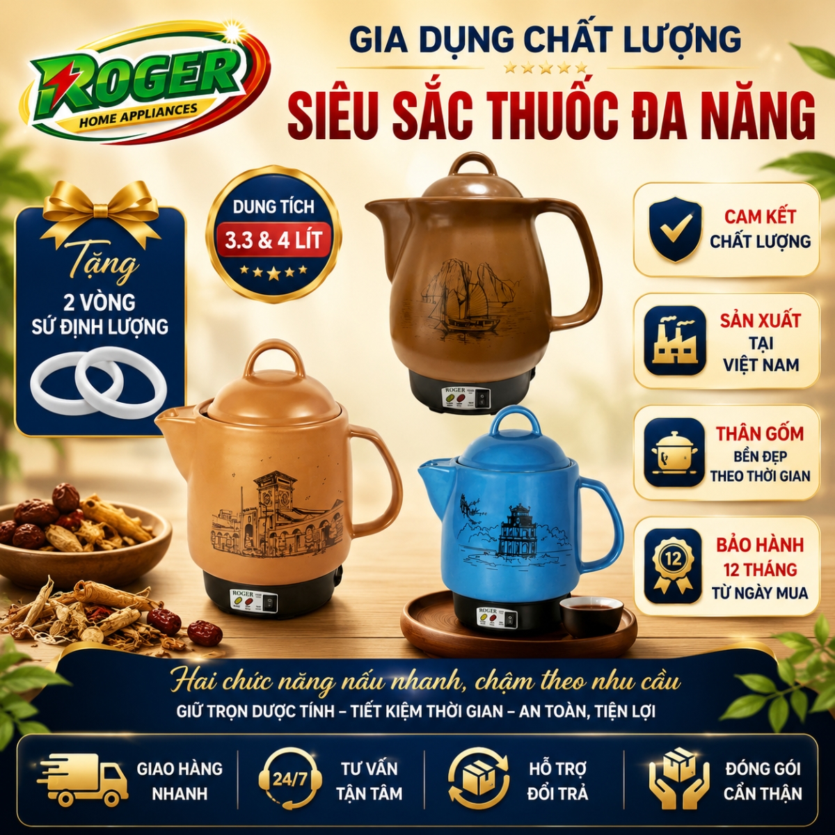 Ấm sắc thảo dược nam bắc roger, siêu sắc thuốc dung tích 3.3 lít, nấu nhanh chậm theo nhu cầu, bảo hành 12 tháng, sản xuất tại việt nam