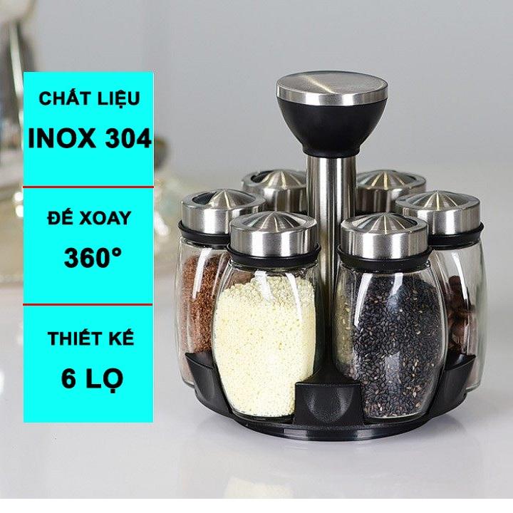 Bộ 6 lọ đựng gia vị thủy tinh kèm giá để xoay 360 độ