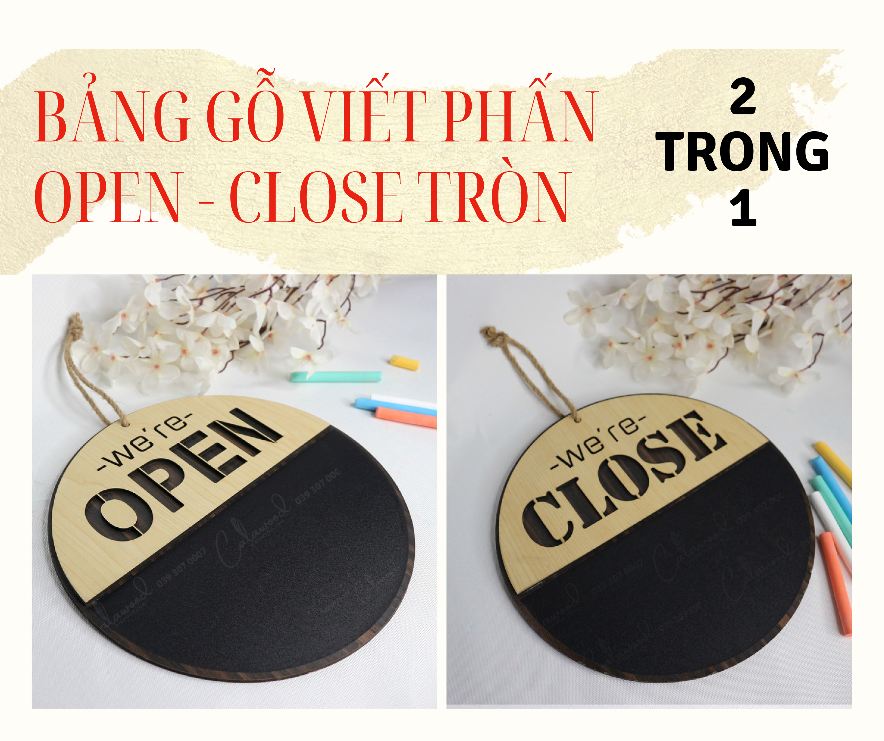 Bảng gỗ 🏠🏡OPEN CLOSE hình tròn🏠🏠Bảng Decal viết phấn 2 mặt có dây treo trang trí quán, cửa hàng...