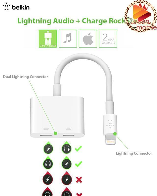 Bộ chia dành cho iphone chuyển từ 1 cổng lightning sang 2 cổng lightning thuận tiện vừa sạc vừa cắm audio hãng BELKIN Lightning Audio & Charge Rockstar - F8J198BTWHT