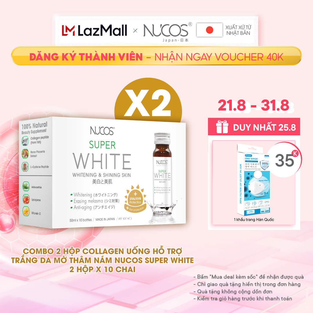 Combo 2 Hộp Collagen uống trắng da mờ thâm nám Nucos Super White​ hộp 10 chai x 50ml