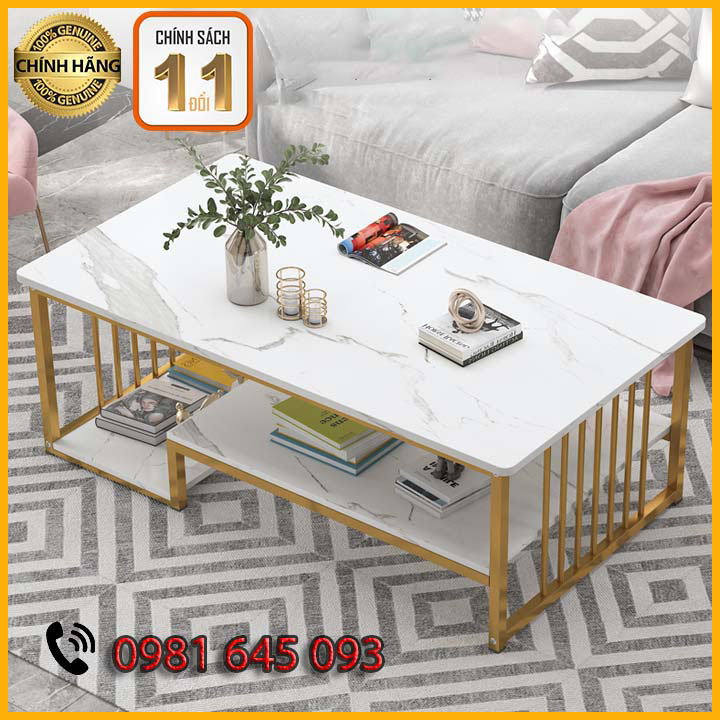 Bàn Trà Gỗ Vân Đá Cẩm Thạch Khung Sắt Vuông Cao Cấp 100*50*42cm