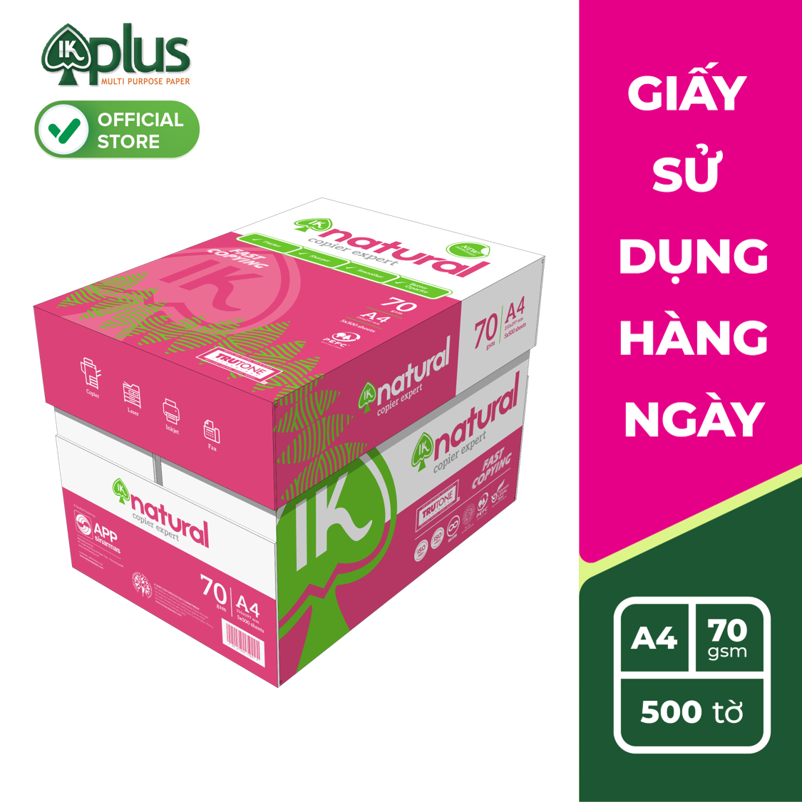 Thùng giấy IK Natural A4 70gsm - Giấy photo, giấy in văn phòng, giấy vẽ - Hàng chính hãng (5 reams)