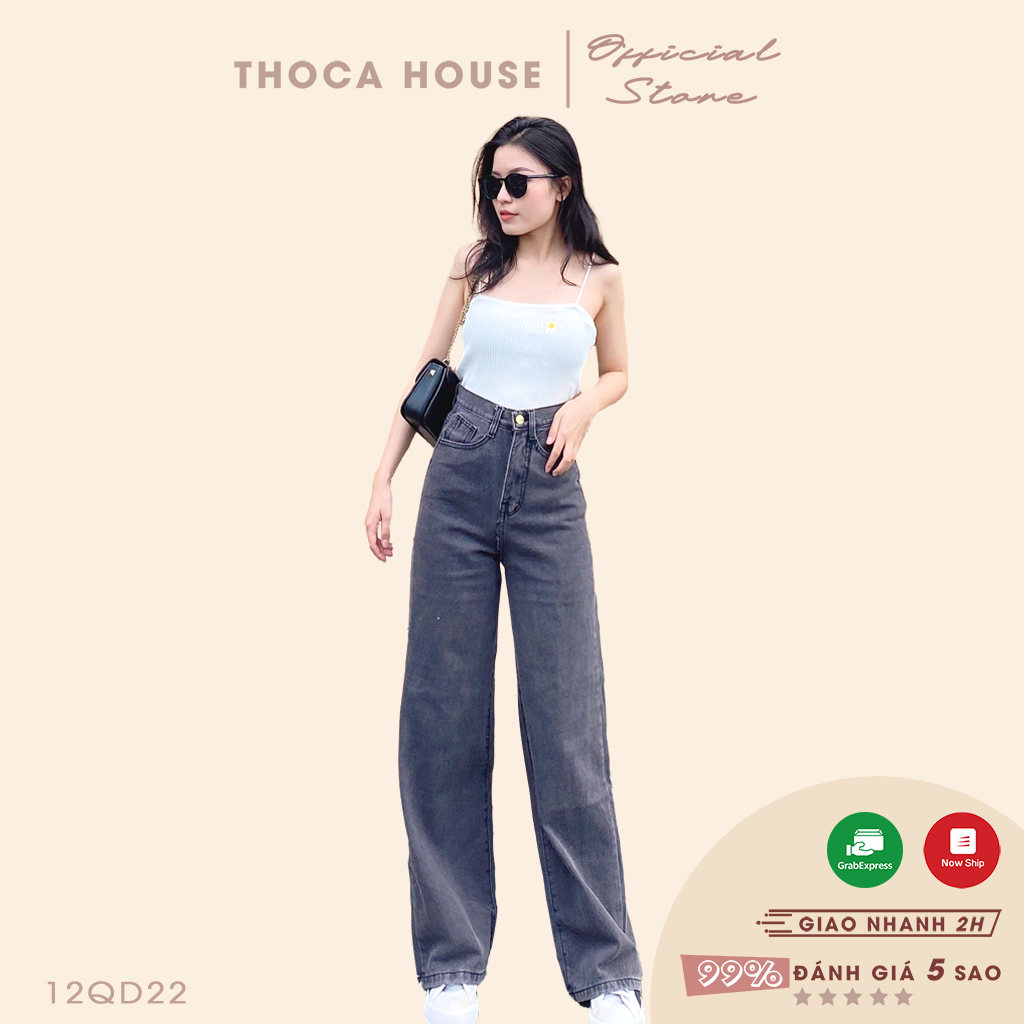 Quần jean ống rộng lai trơn 043 xám THOCA HOUSE phối đồ dễ dàng, quần jean lưng cao, quần jean nữ