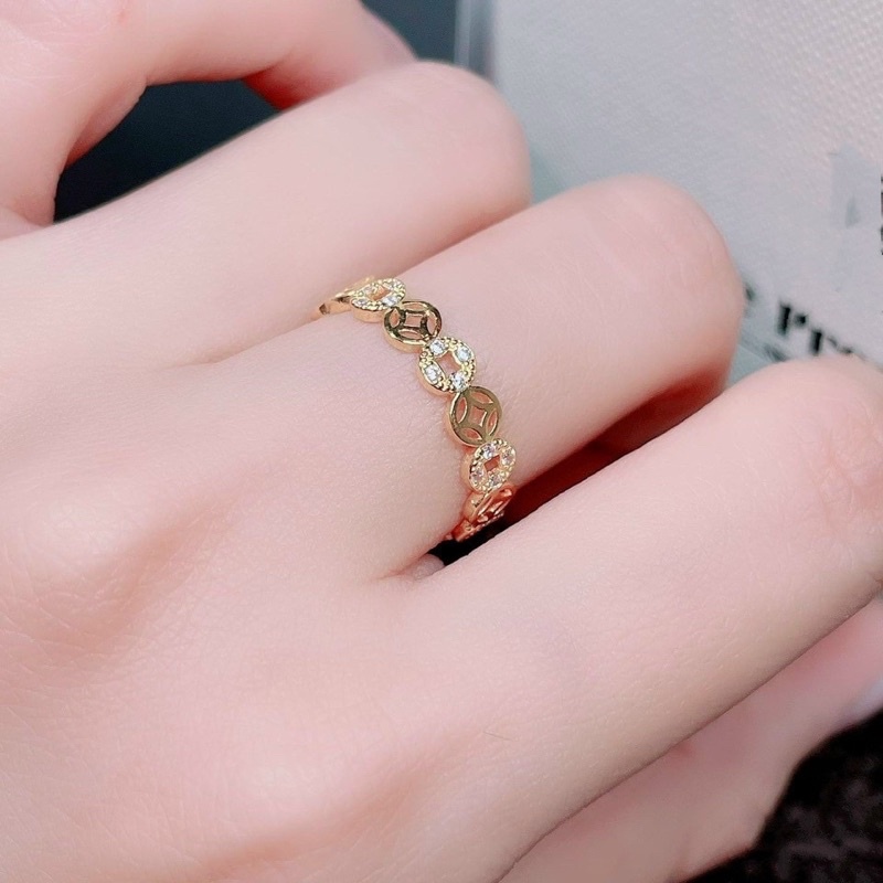 Nhẫn kim tiền đính đá xen kẽ xi vàng 18k N141