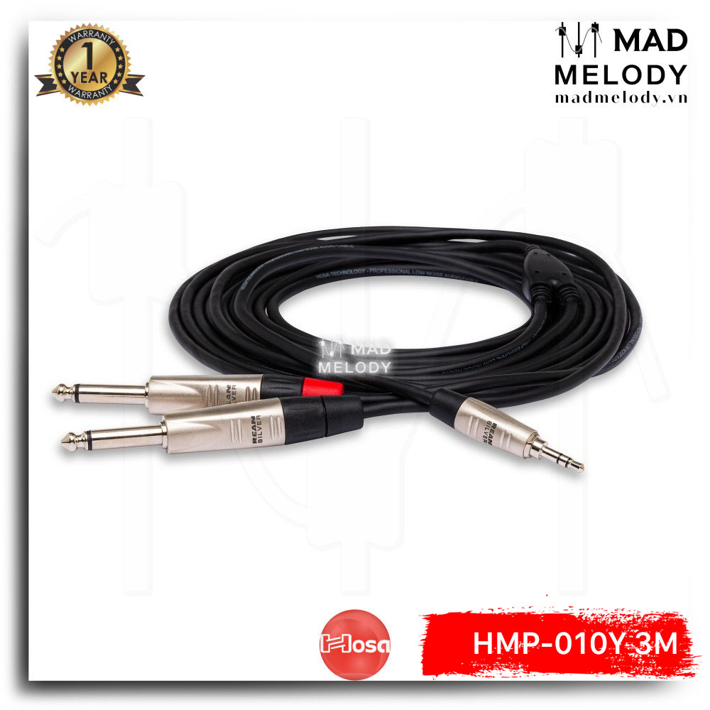 Hosa pro stereo breakout hmp-010y (3m) (rean 3.5mm trs - dual 1/4in ts) (dây cáp 3.5mm stereo trs ra hai 6ly 6.35mm ts unbalanced, brand new)