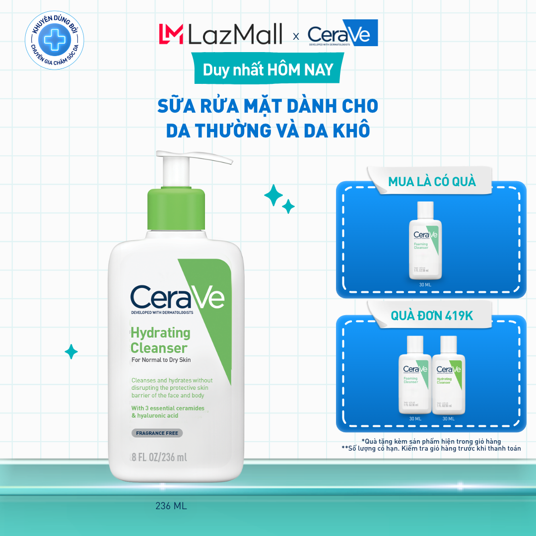 Sữa rửa mặt giúp làm sạch sâu dành cho da thường và da khô Cerave Hydrating Cleanser 236ML