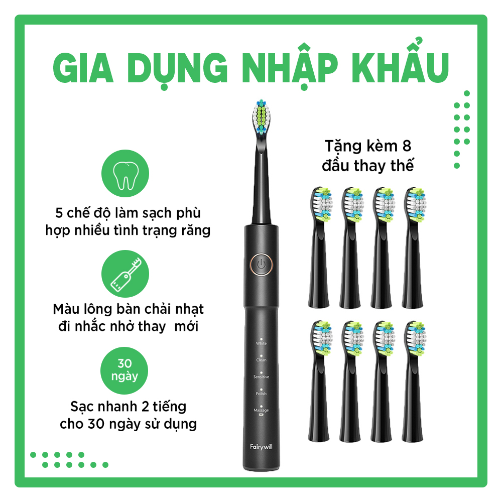 [FreeshipMAX] [Có bảo hành] [Chính hãng] Bàn chải đánh răng điện FAIRYWILL E11 - Công nghệ làm sạch bằng sóng siêu âm - 8 đầu thay thế