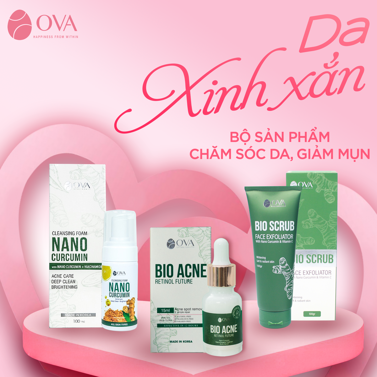 Set quà tặng Ova - Combo chăm sóc da toàn diện, sữa rửa mặt Nano Curcumin, kem Bio Acne, Kem tẩy tế bào chết Bio Scrub