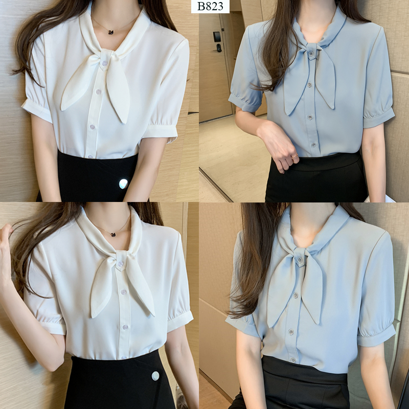 Áo sơ mi nữ kiểu phối nơ -b823