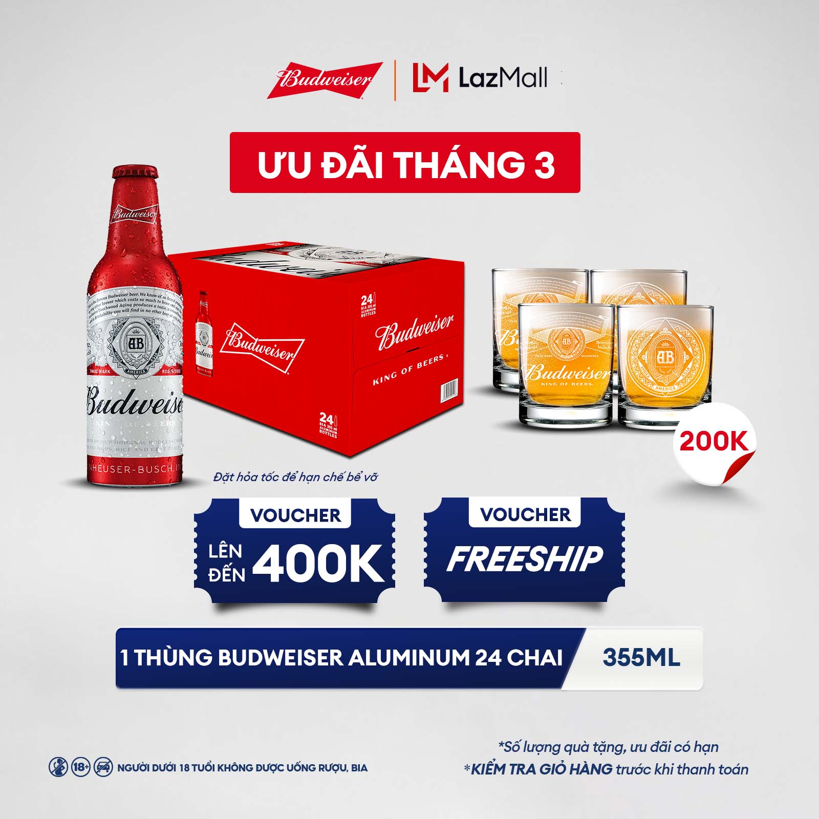 Thùng 24 Chai Aluminum Bia Budweiser Chính Hãng (355ml/ chai)