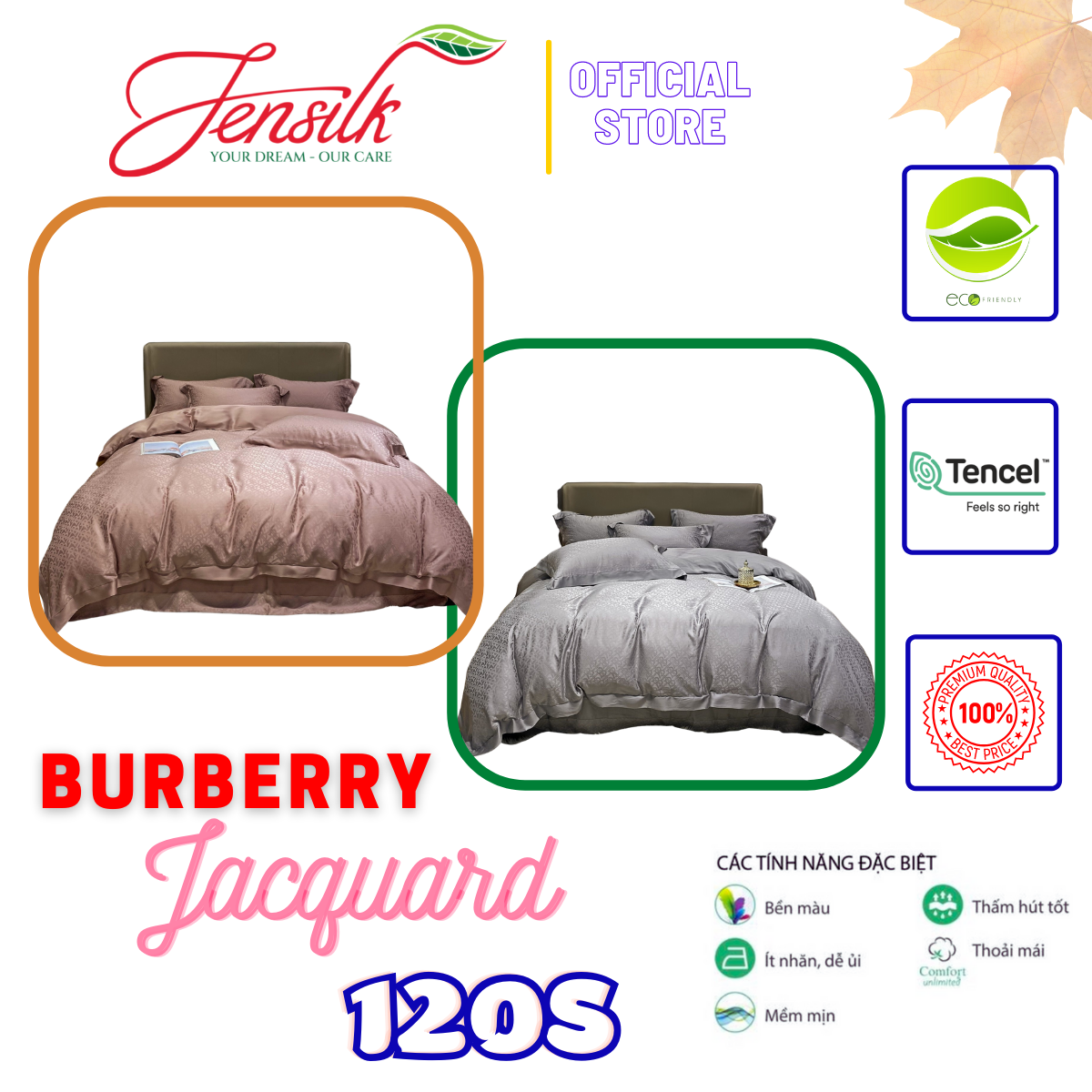 Bộ chăn ga gối 4 món 100%Tencel 120s cao cấp, Họa tiết mới của Burberry với kiểu dệt Jacquard sang trọng, mềm mát mịn