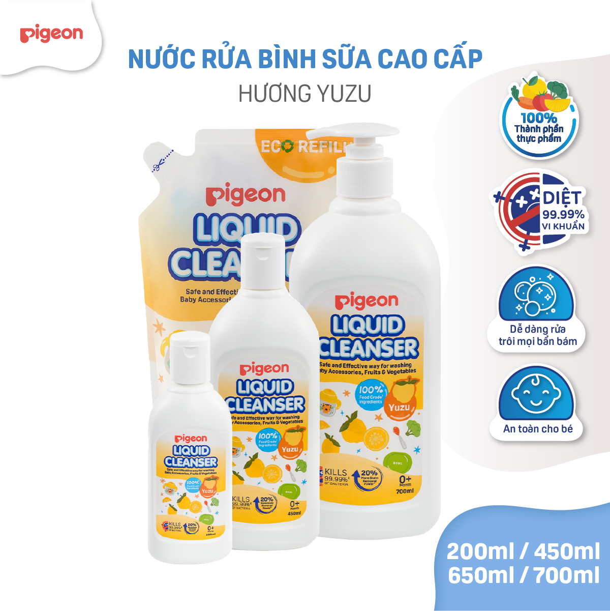 Nước Rửa Bình Sữa Pigeon Hương Yuzu 100% Thành Phần Thực Phẩm, Diệt 99.99% Vi Khuẩn