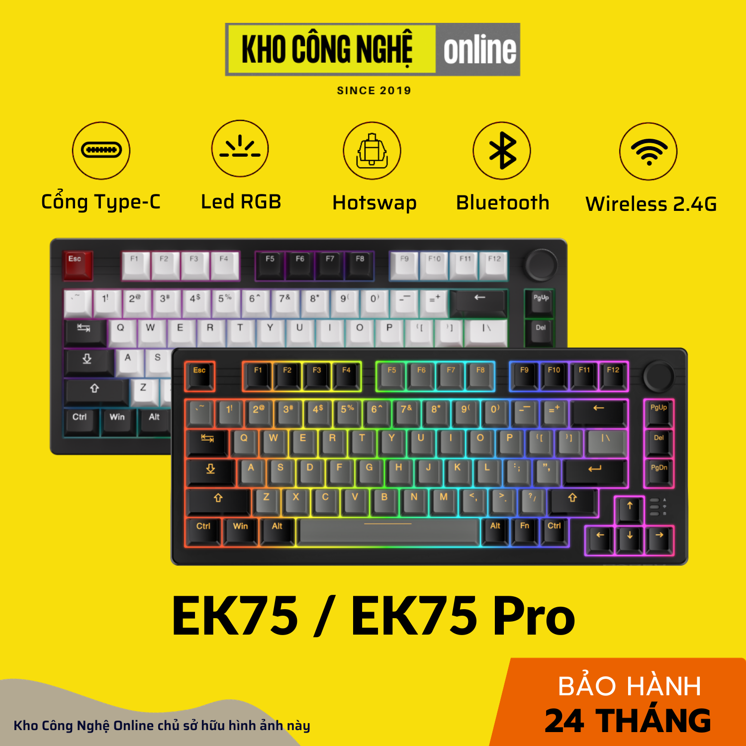 Bàn phím cơ DAREU EK75 PRO BLACK GOLDEN / EK75 Black White (Triple Mode, Gasket Mount, RGB)