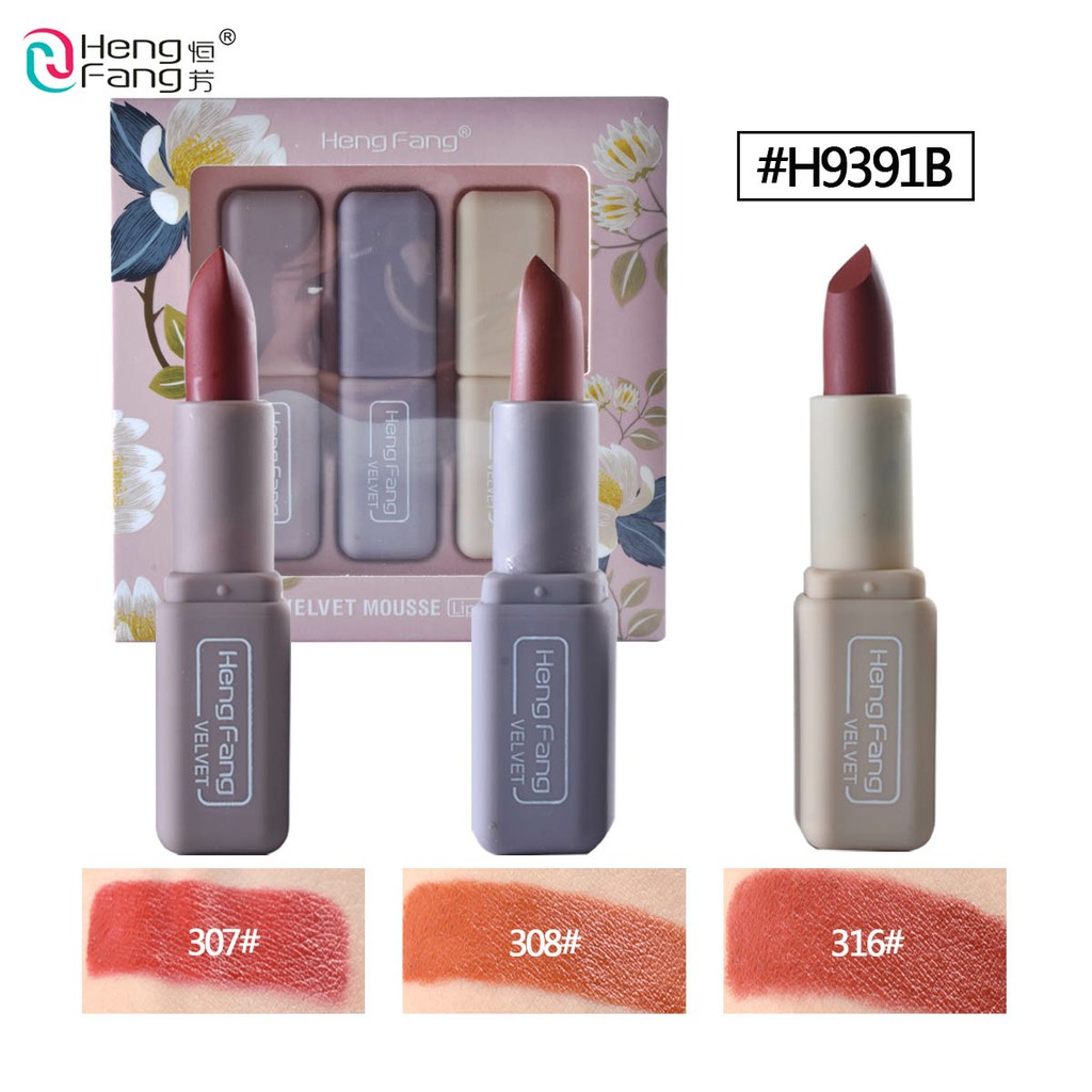 Set 3 thỏi son sáp nội địa Trung Hengfang tone nhung lì dưỡng ẩm lâu trôi, Combo 3 cây son thỏi nội địa Trung mềm mượt lâu trôi