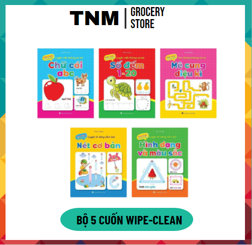 Bộ 5 cuốn sách luyện viết cầm bút có thể xóa được Clean - Wipe cho bé từ 3-5 tuổi ( chữ - số - mê cung - nét cơ bản - hình khối )