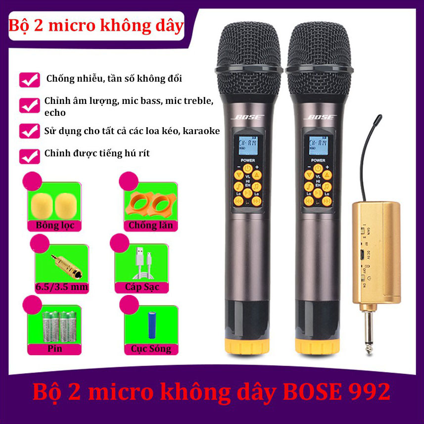 Micro Không Dây, Micro Karaoke Chất Lượng, Micro Bose 992 Cao Cấp, Chất Lượng Âm Thanh Tuyệt Đỉnh, Hút Âm Tốt, Đầy Đủ Các Tính Năng , Kết Nối Đa Dạng Và Ổn Định, Chống Hú Chống Rít, BH 12 THÁNG