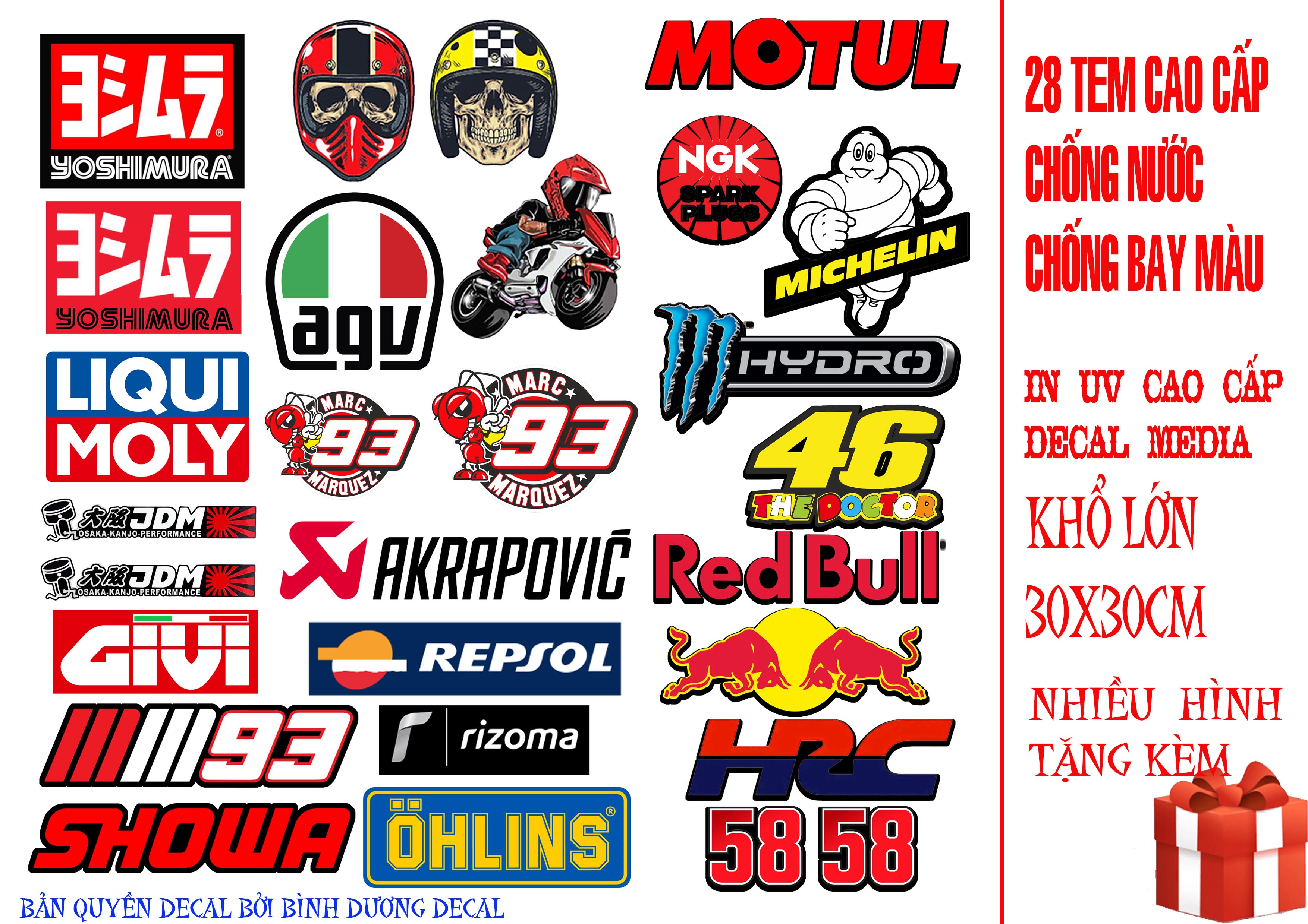 Tem tấm 28 tem a3 2022 logo decal cao cấp dãn xe máy tấm lớn 30x30cm chống nước