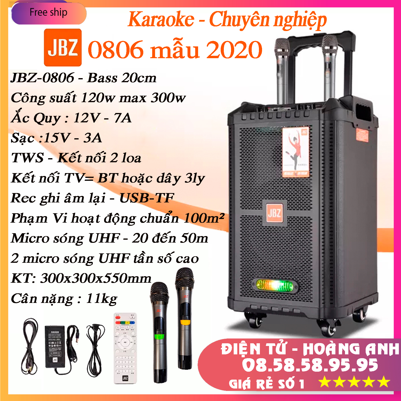 Loa kéo karaoke JBZ-NE-0806 / 1006 / 1206 (Loa 0806 Bass 20cm công suất 120w max 300w) tặng 2 Micro UHF- Kim loại