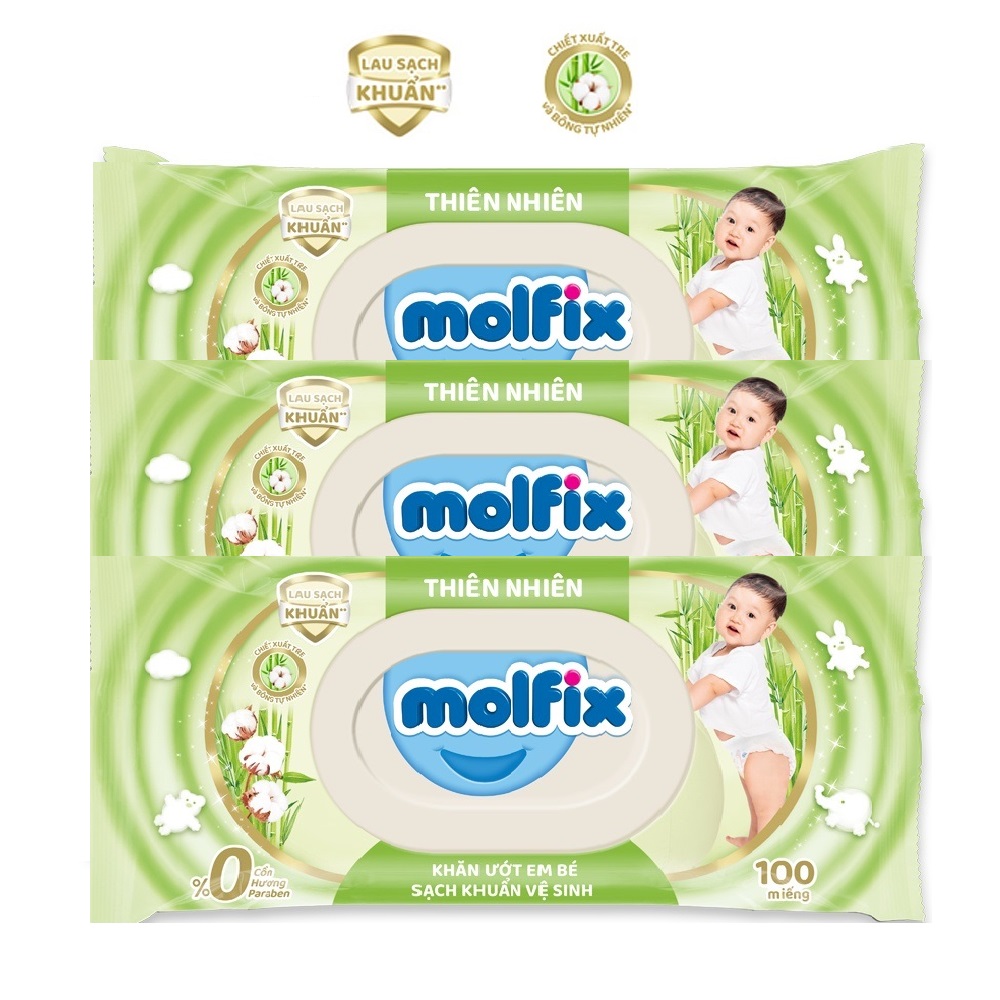 Combo 3 Khăn ướt trẻ em thiên nhiên KHÔNG CỒN Molfix- Sạch khuẩn vệ sinh