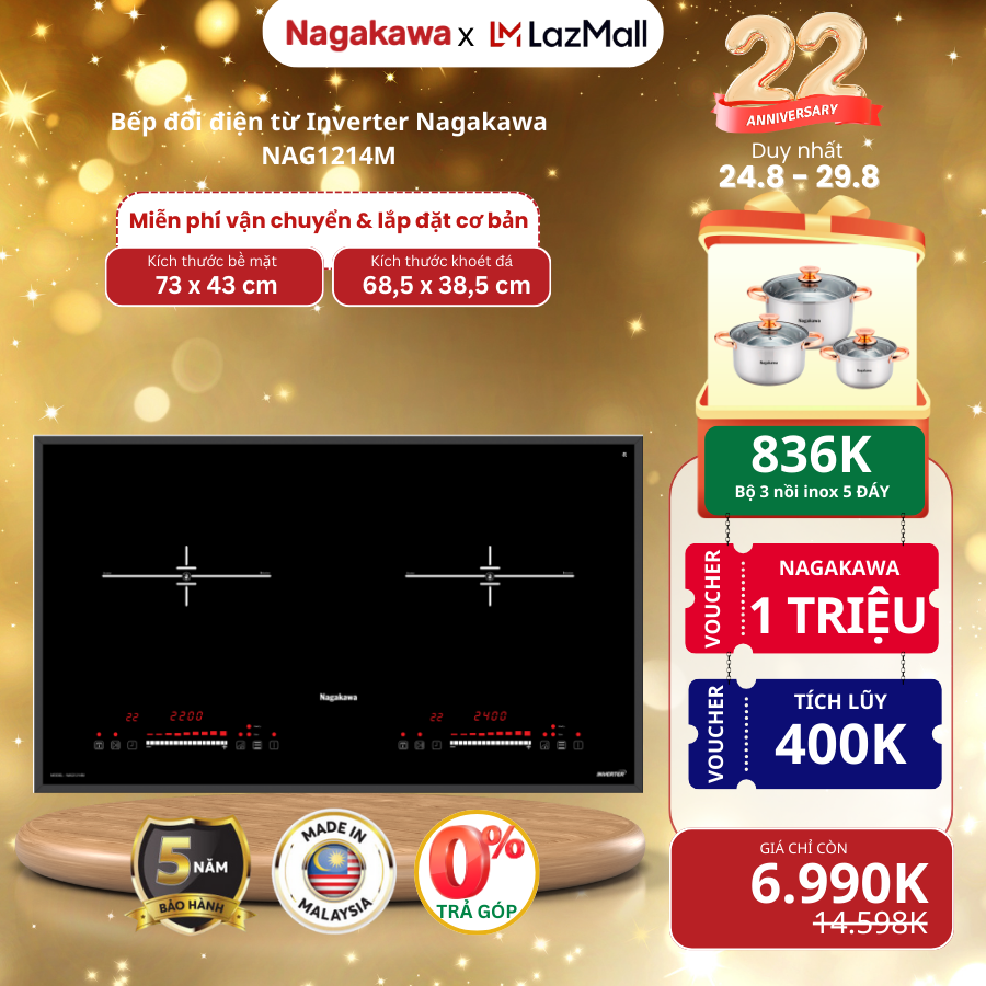 Bếp đôi điện từ cao cấp Nagakawa inverter NAG1214M, 2 vùng nấu từ, bảo hành 5 năm, hàng chính hãng