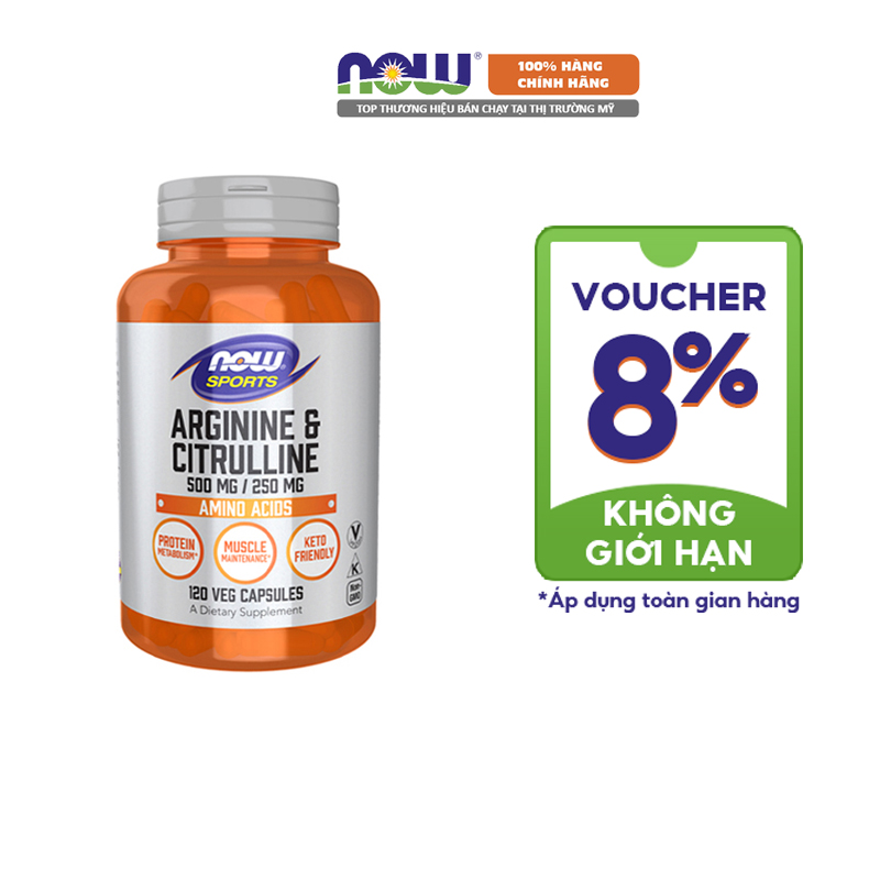 NOW ARGININE & CITRULLINE 500MG / 250MG 120 VIÊN NHỘNG Hỗ trợ quá trình chuyển hóa protein, giúp duy trì các mô khỏe mạnh, xây dựng cơ bắp