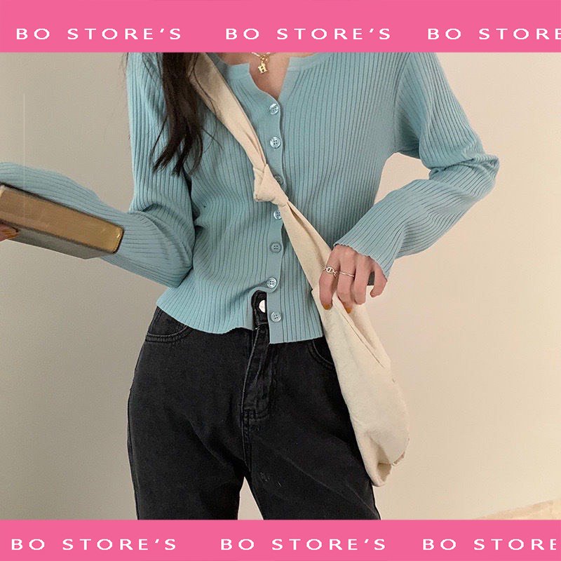 Áo cardigan dài tay cổ tròn dáng lửng chất len mỏng mát freesize