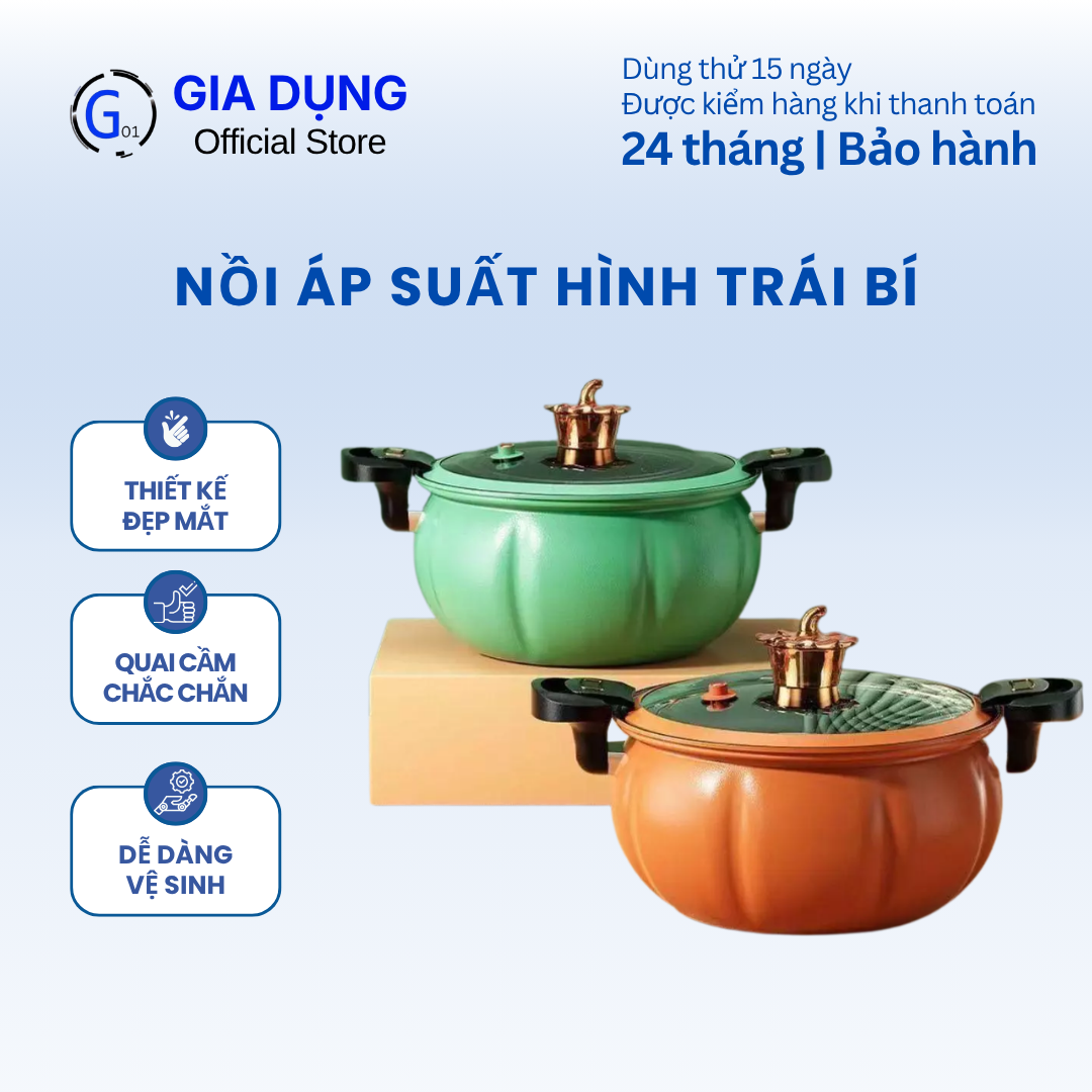 Nồi áp suất, nồi hầm hình trái bí có nắp đậy kèm quai cầm cách nhiệt tiện lợi, lòng nồi chống dính an toàn