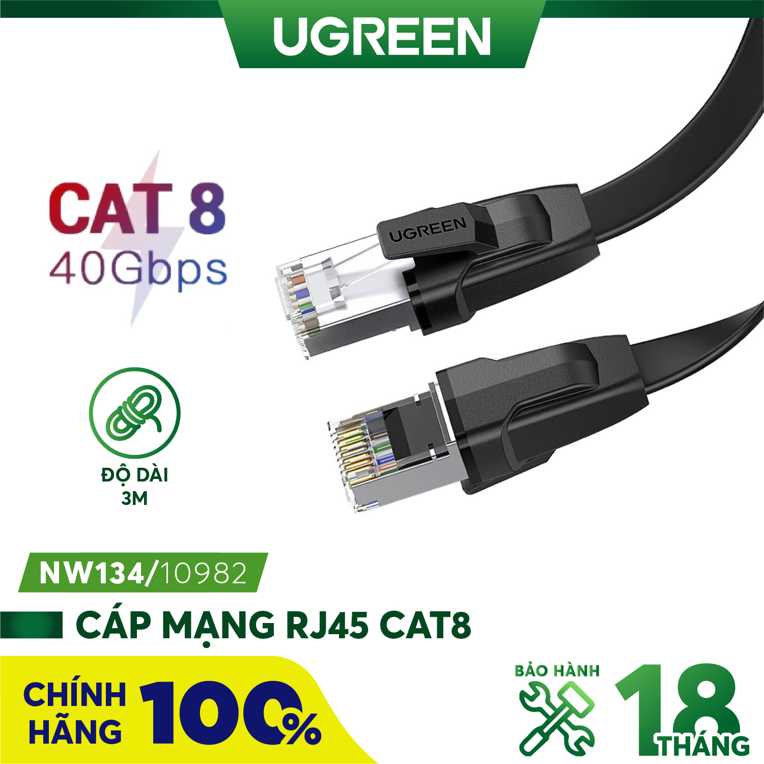 Cáp mạng đúc sẵn dẹt Cat8 dài 5m Ugreen 10983 cao cấp